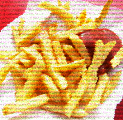 a distorted, brightly coloured picture of french fries and ketchup