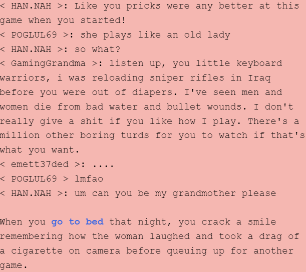 a screenshot of text from comeback overdrive, where a streamer named GamingGrandma tears a strip off her salty chatters