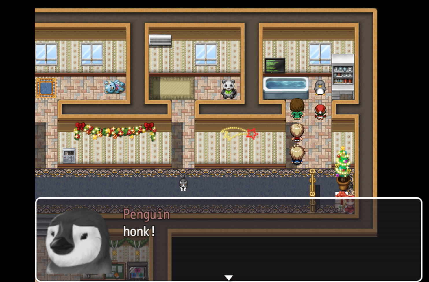a classic 2D RPG with a party of characters talking to a worried looking penguin who says "honk" 