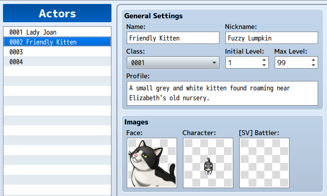 RPGMaker MV settings for an allied NPC called "Fuzzy Lumpkin"