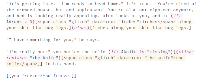 scripting in a twine node showcasing the text glitch system and use of hooks